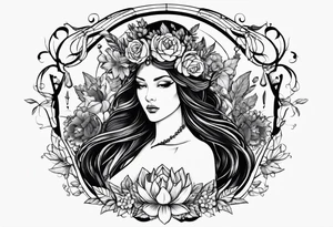 persephone goddess theme tattoo with a dark or gothic perspective. Include pomegranate, flowers and her being the queen of the underwood tattoo idea
