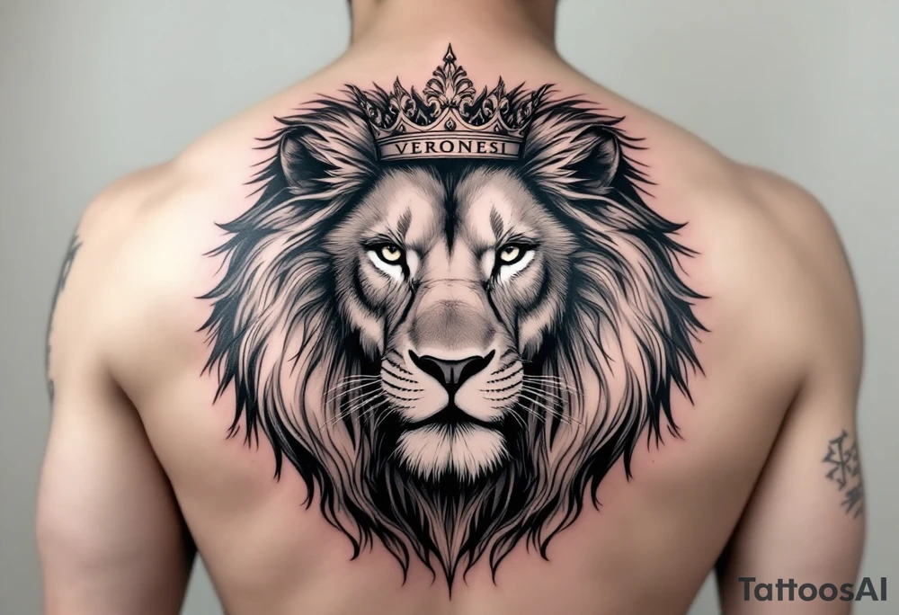 Realistic lion with whole body with crown and "VERONESI" name add on it tattoo idea