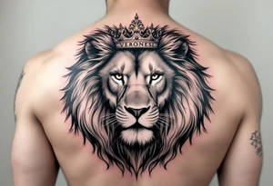 Realistic lion with whole body with crown and "VERONESI" name add on it tattoo idea
