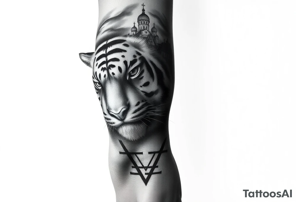 in a dorsal view of the hand and forearm a tiger face on the hand with black hollowed eyes, then above this a orthodox church shrouded with a mist and fading into a virgin mary overlooking tattoo idea