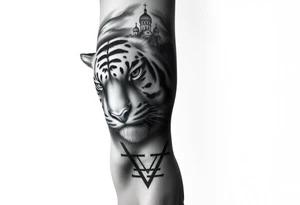 in a dorsal view of the hand and forearm a tiger face on the hand with black hollowed eyes, then above this a orthodox church shrouded with a mist and fading into a virgin mary overlooking tattoo idea