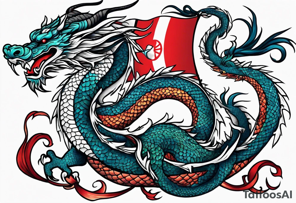 Asian dragon coiling around an anchor centered on the Korean flag tattoo idea