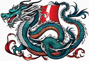 Asian dragon coiling around an anchor centered on the Korean flag tattoo idea