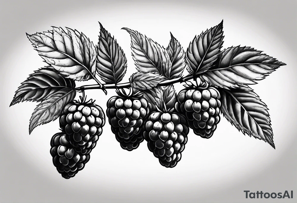 a single long raspberry branch with lots of leaves that is hanging upside down in black and white tattoo idea
