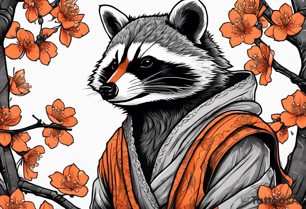 raccoon wearing a Superman hoodie with orange Japanese cherry blossoms tattoo idea