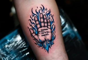 "Nehas, co te nepali." — A hand reaching out to untouched blue flames, surrounded by the quote in sharp charcoal-gray ink. tattoo idea