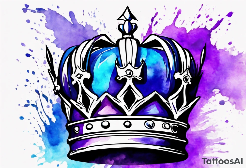 A black crown of a king on a water color background of purple and blue. Make it look realistic tattoo idea