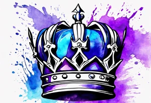 A black crown of a king on a water color background of purple and blue. Make it look realistic tattoo idea