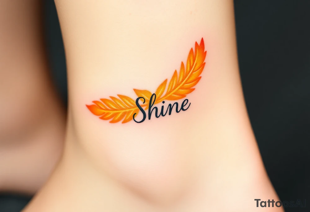 A golden yellow and fiery orange feather with a sunbeam effect, featuring the word "Shine", representing radiance and warmth in a relationship tattoo idea