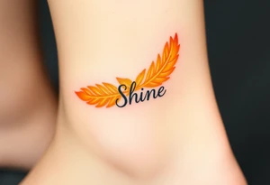 A golden yellow and fiery orange feather with a sunbeam effect, featuring the word "Shine", representing radiance and warmth in a relationship tattoo idea