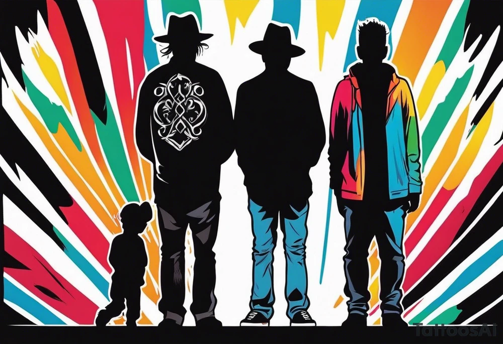 2 black shadows of people standing over 2 black shadows of murdered people tattoo idea