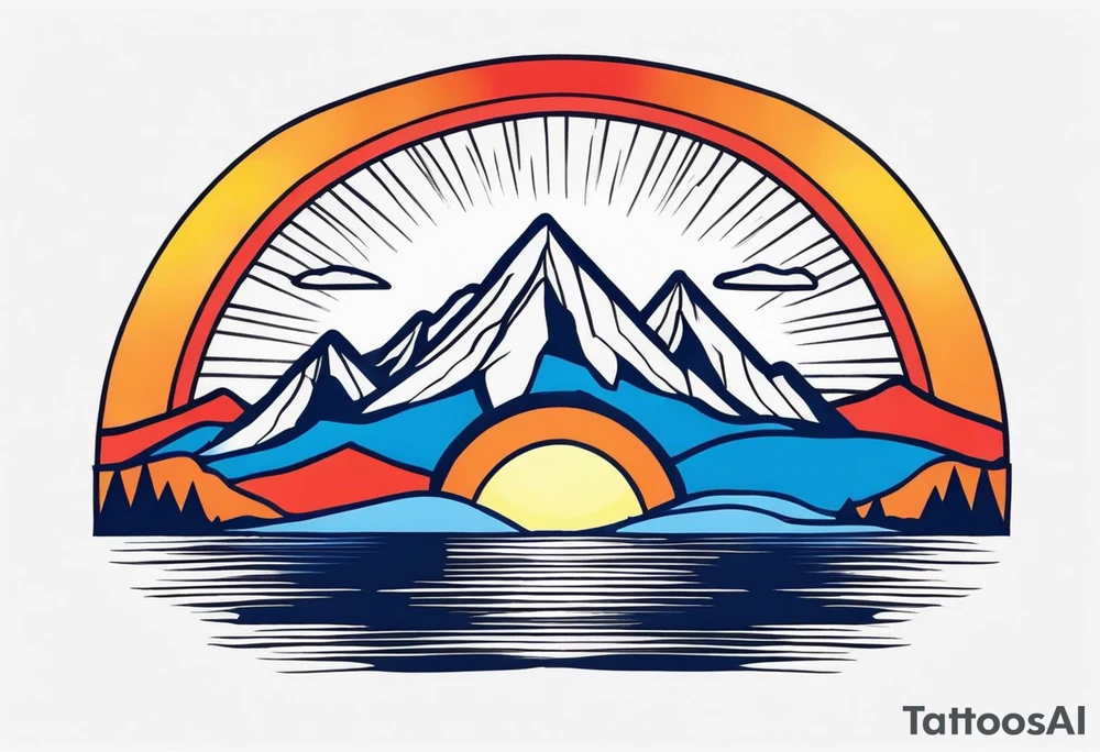 a simple red, blue, orange, and yellow sun w/ mountains tattoo idea