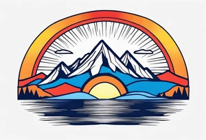 a simple red, blue, orange, and yellow sun w/ mountains tattoo idea