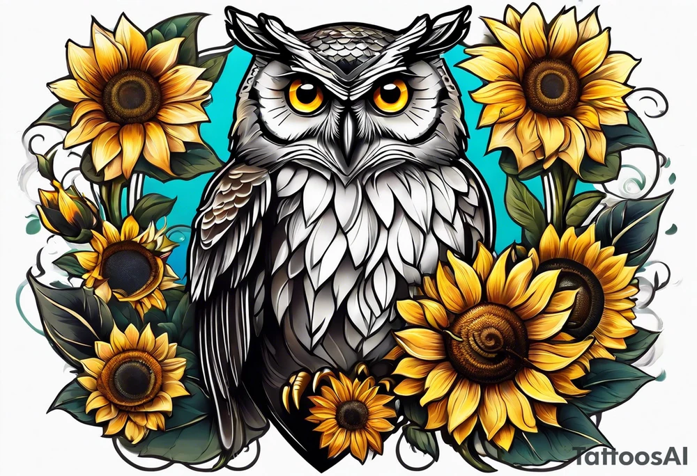 Sleeve with an owl, sunflower and butterfly tattoo idea