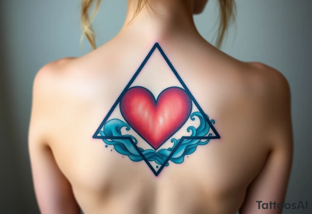 A triangle with a big heart in the center with an ocean theme tattoo idea