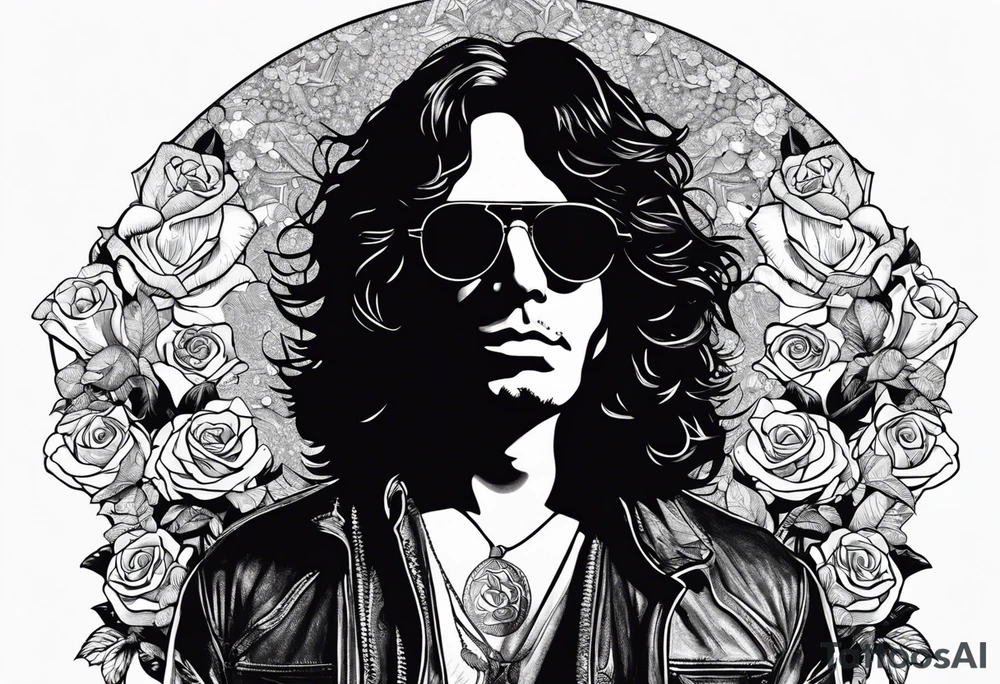 would like a black and white sleeve feautiring Jim Morrison (existing)
 on the upper arm, would like roses and psychadelic shapes in between, Hendrix's guitar, Joplins glasses and Johhn Cash portrait tattoo idea