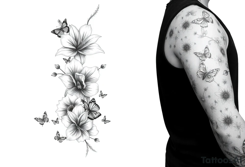 Calia Lily, rose, gadiolus, carnation,Narcissus,poppy, aster, violet ,chrysanthemum, lily of the valley and water lily sleeve on upper arm and shoulder  with butterfly’s and bumblebees and dragonflies on skin tattoo idea