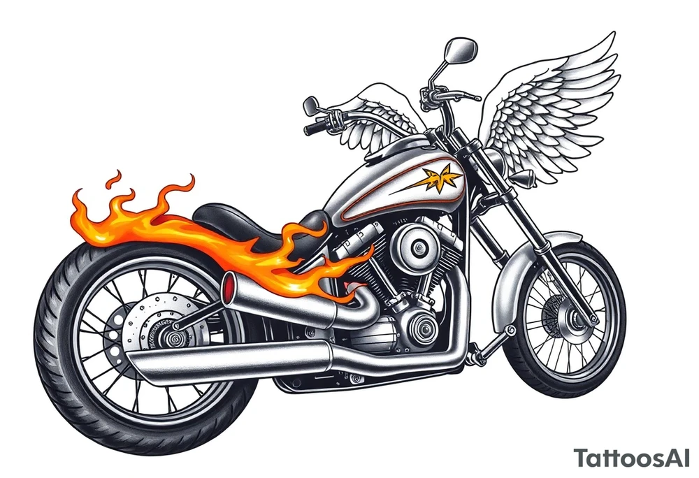 Low rider grey motorcycle, big muffler pipes with flames, angel wings, driving away, no person tattoo idea