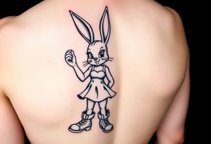 Lola bunny wearing a dress with combat boots and she has a smirk on her face while holding up a bag of money with one hand tattoo idea