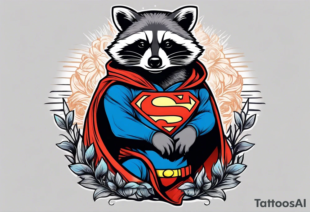 raccoon wearing a Superman hoodie tattoo idea