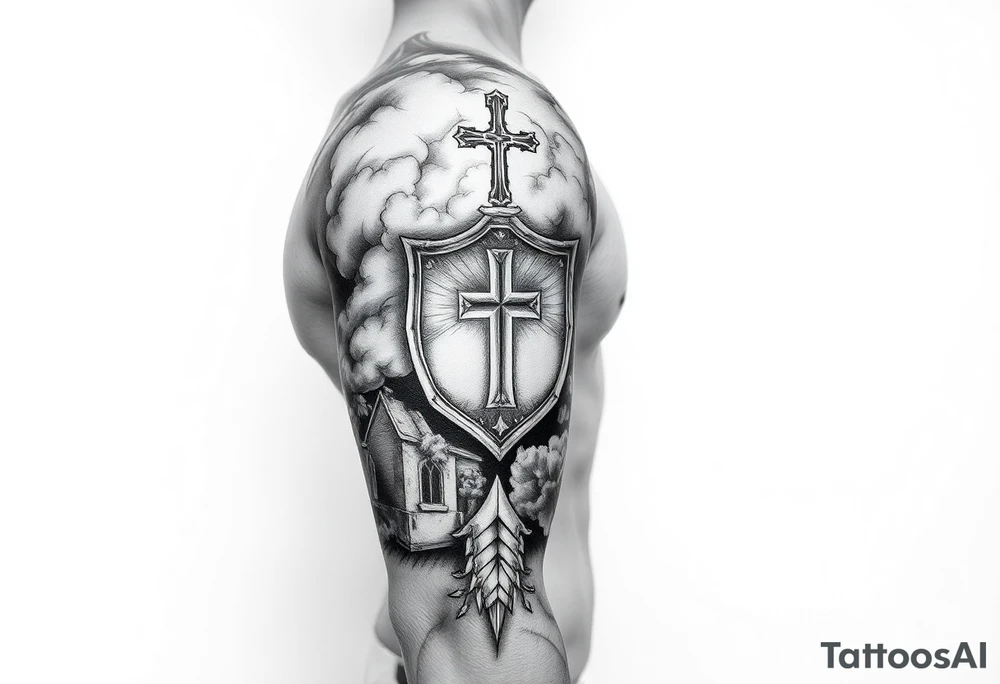Half sleeve. powerful, cloud, shield, cross, sky, cathedral tattoo idea