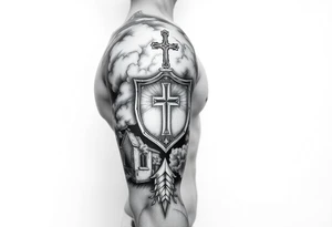 Half sleeve. powerful, cloud, shield, cross, sky, cathedral tattoo idea