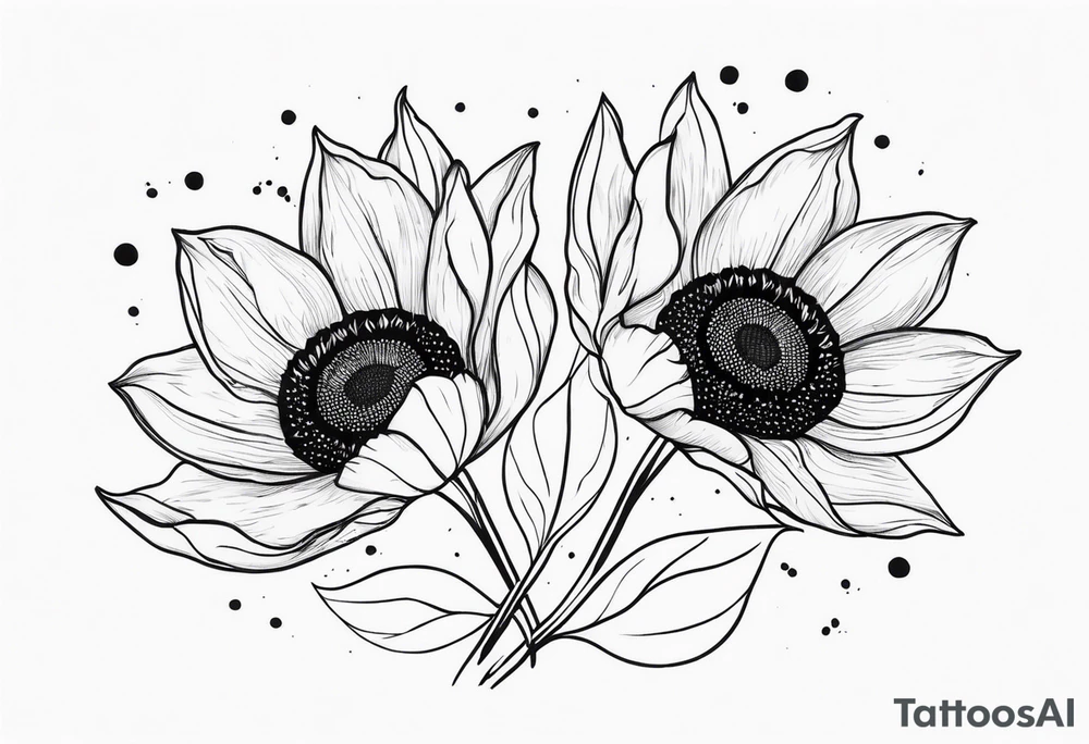 two tulips either side with a sunflower in the middle with some leaves and surrounded by some small dots tattoo idea
