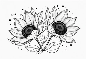 two tulips either side with a sunflower in the middle with some leaves and surrounded by some small dots tattoo idea