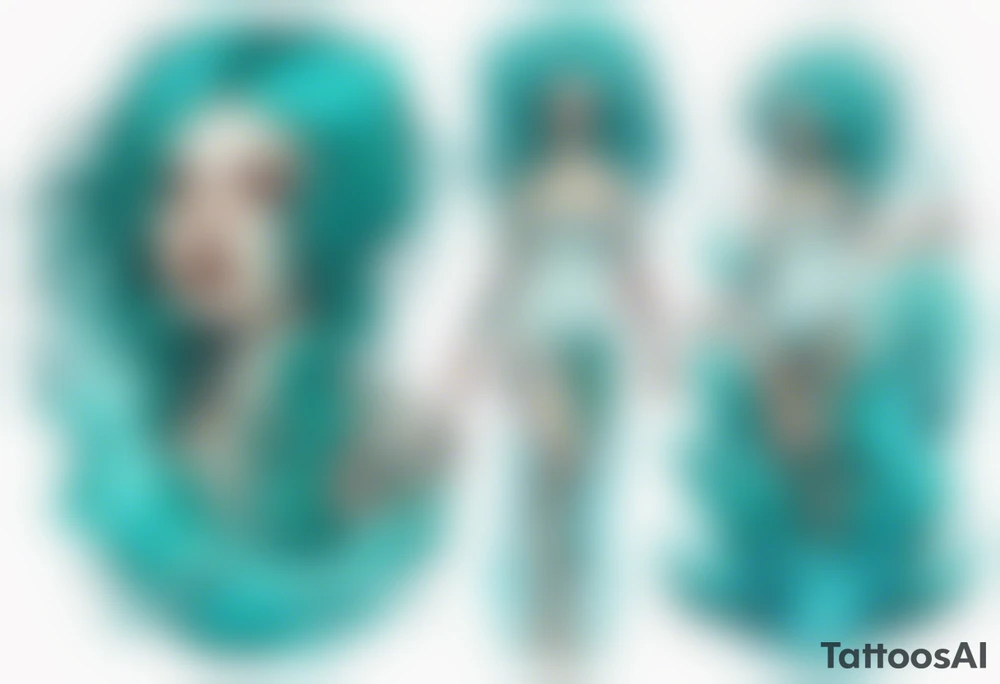 a tall woman made of water with turquoise hair surrounded by the ocean tattoo idea