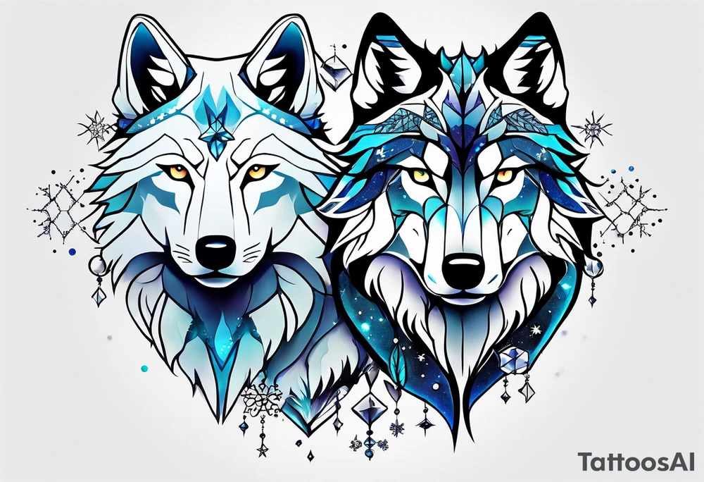 Constellation, two animal wolf, snowflake tattoo idea