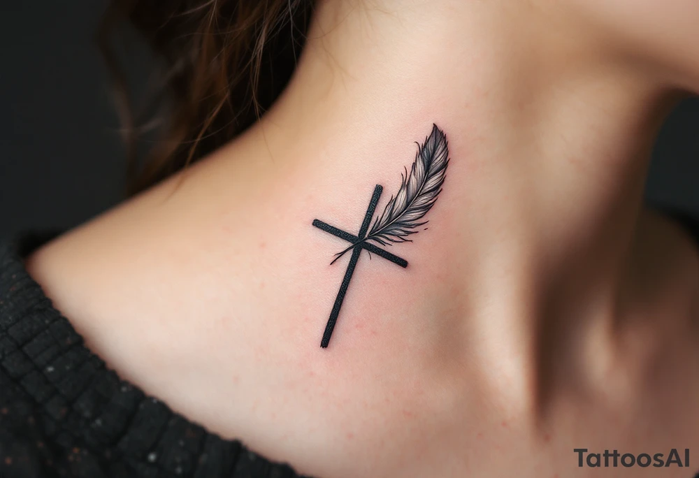 Cross with Feather Details – A thin black cross with feather accents in soft gray and white, symbolizing freedom, spirituality, and lightness of being. tattoo idea