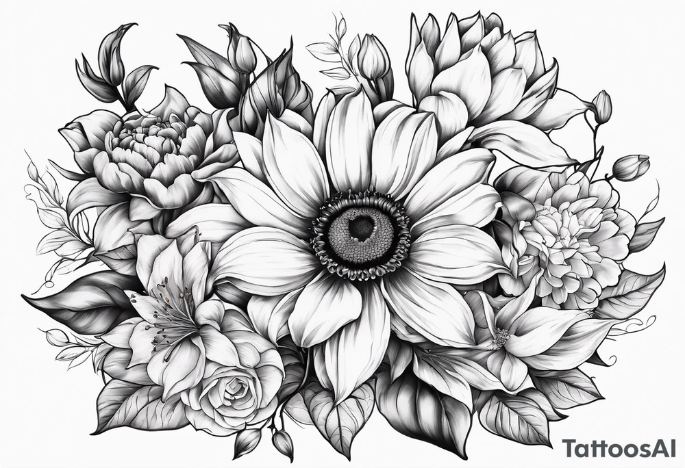 Floral design with sunflower, lily, peony, cherry blossom and tulip tattoo idea