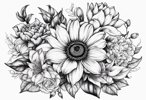Floral design with sunflower, lily, peony, cherry blossom and tulip tattoo idea