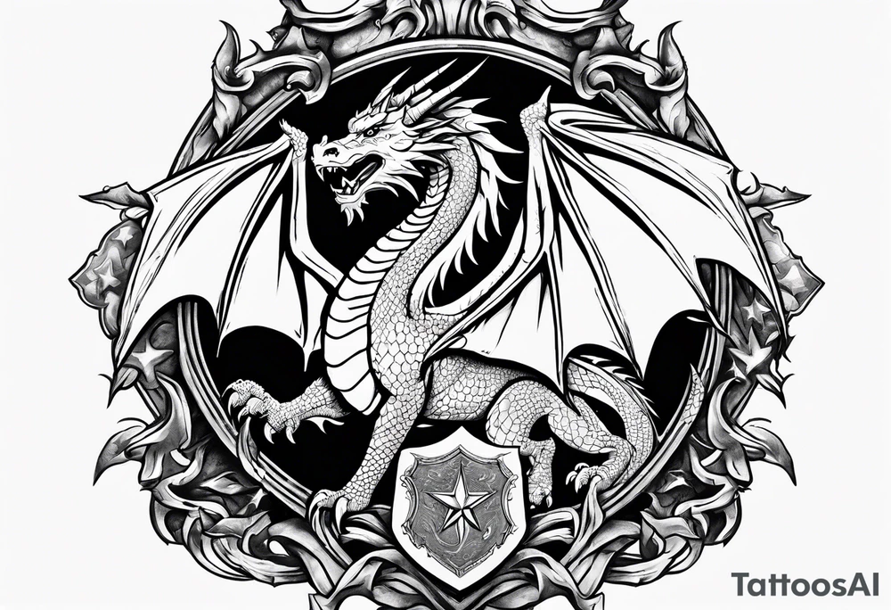 Welsh dragon holding a shield of a TEXAS star in battle tattoo idea