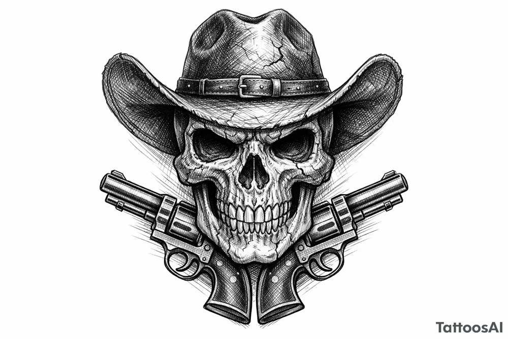 Engraved skull with a cowboy hat, pistols framing its jawline. tattoo idea
