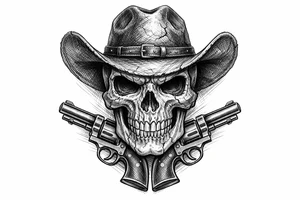 Engraved skull with a cowboy hat, pistols framing its jawline. tattoo idea
