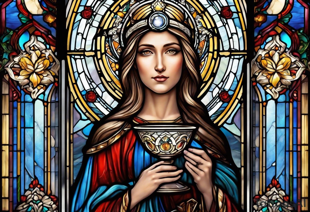 holy saint woman with halo stained glass holding a chalice tattoo idea