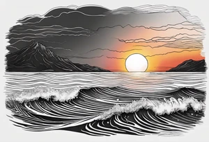 You're adding way too much. Please tone it back. Fine line, minimal sunset. Only Ocean and sunset in the image. Very calm waters with barely any waves. tattoo idea