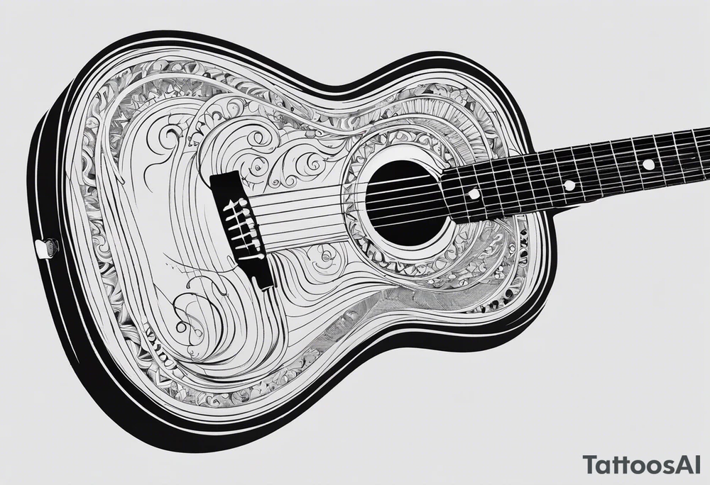 A minimalist guitar design, small in size, with clean lines and vintage detailing. The guitar represents a deep connection to music, with a classic, understated design that captures its essence without embellishments. tattoo idea