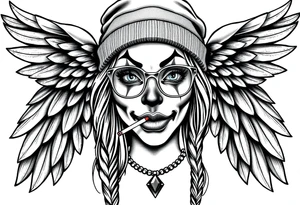 beautiful long hair pin up Clown face Girl payasa  thug beanie eyeglasses  angelic wings smoking a cigarette tattoo idea