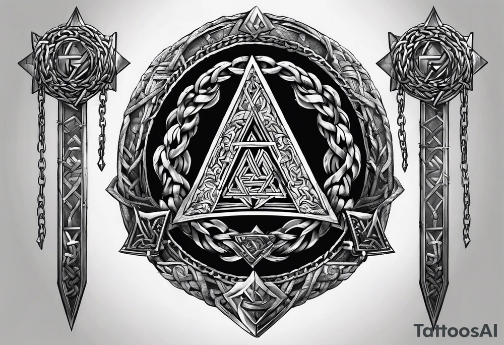 Valhalla  sword shield axe barbed wire chains valknut tattoo idea