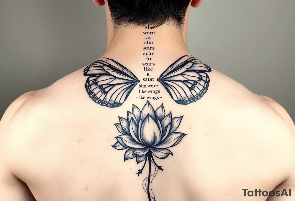 butterfly with cracked wings and lotus flower with quote that says “she wore her scars like wings” all down spine but very elegant towards lower back tattoo idea