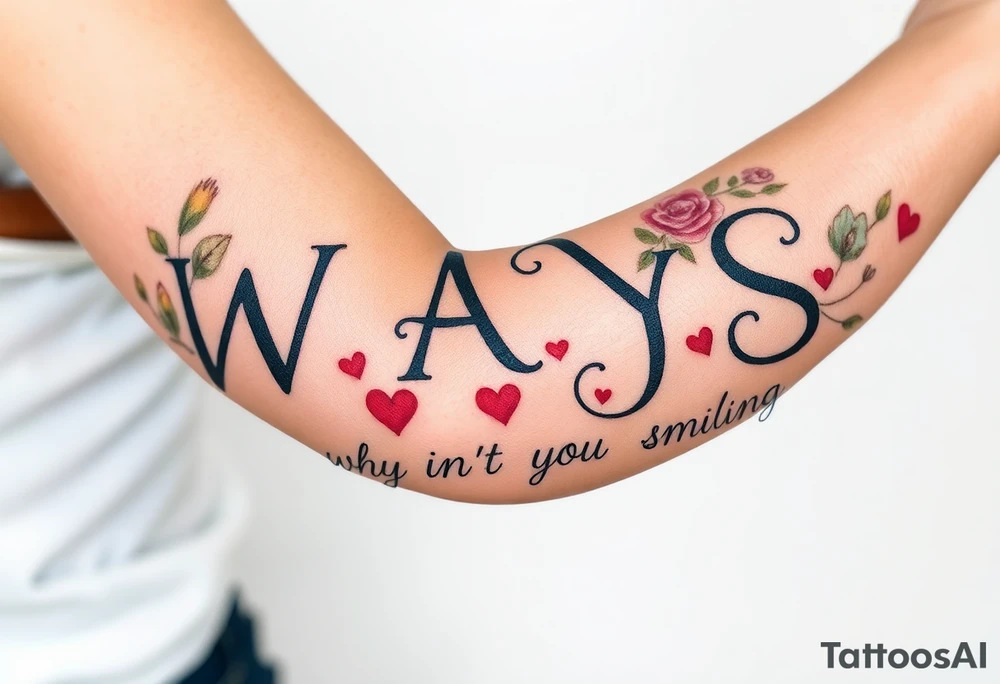 W.A.Y.S spelled out with why aren’t you smiling under neath it with hearts with 444 tattoo idea