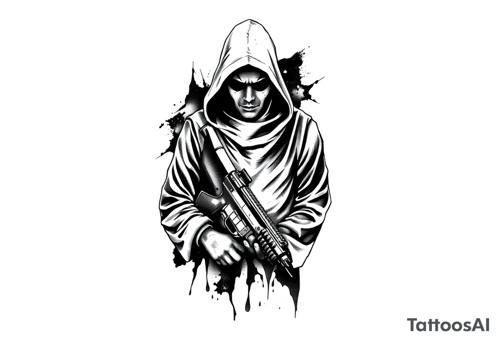 Minimalist covert operative symbolism representing loyalty and survival, faceless soldier silhouette emerging from darkness, torn fabric, subtle scars, controlled posture, black and grey realism, emotional restraint, understated strength, tattoo sleeve element. tattoo idea