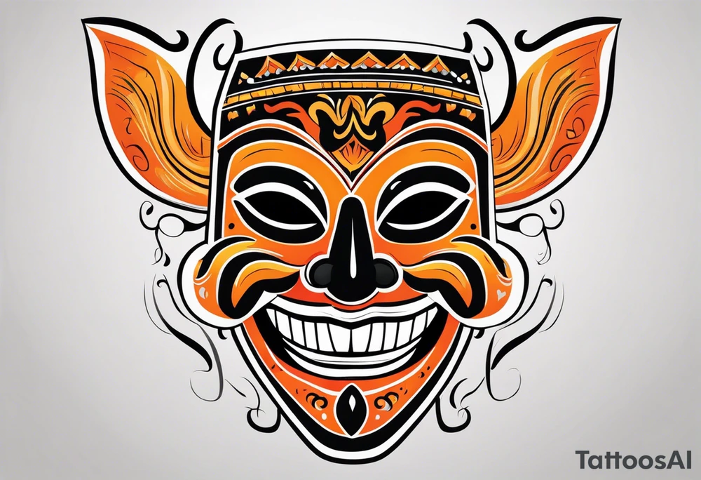 Laughing Mexican mask that is orange and black simplistic tattoo idea