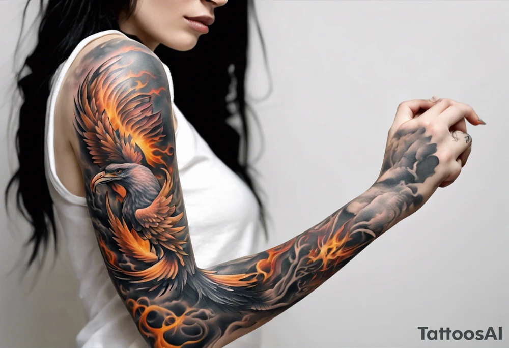 Sleeve tattoo on a woman's arm. Phoenix tattoo idea