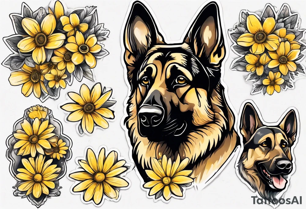 German shepherd portrait surrounded by yellow daisies tattoo idea