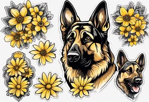 German shepherd portrait surrounded by yellow daisies tattoo idea