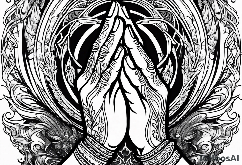 Enhance the traditional praying hands motif by adding elements like flames, water, or celestial bodies to represent the divine presence tattoo idea