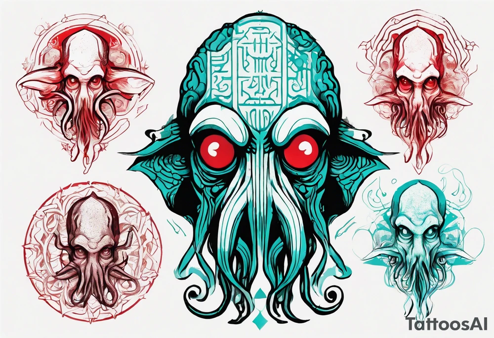 cthulhu, H. P. Lovecraft, old ritual, in the style of abstract portraits, textured pigment planes, red and cyan, stencil art tattoo idea